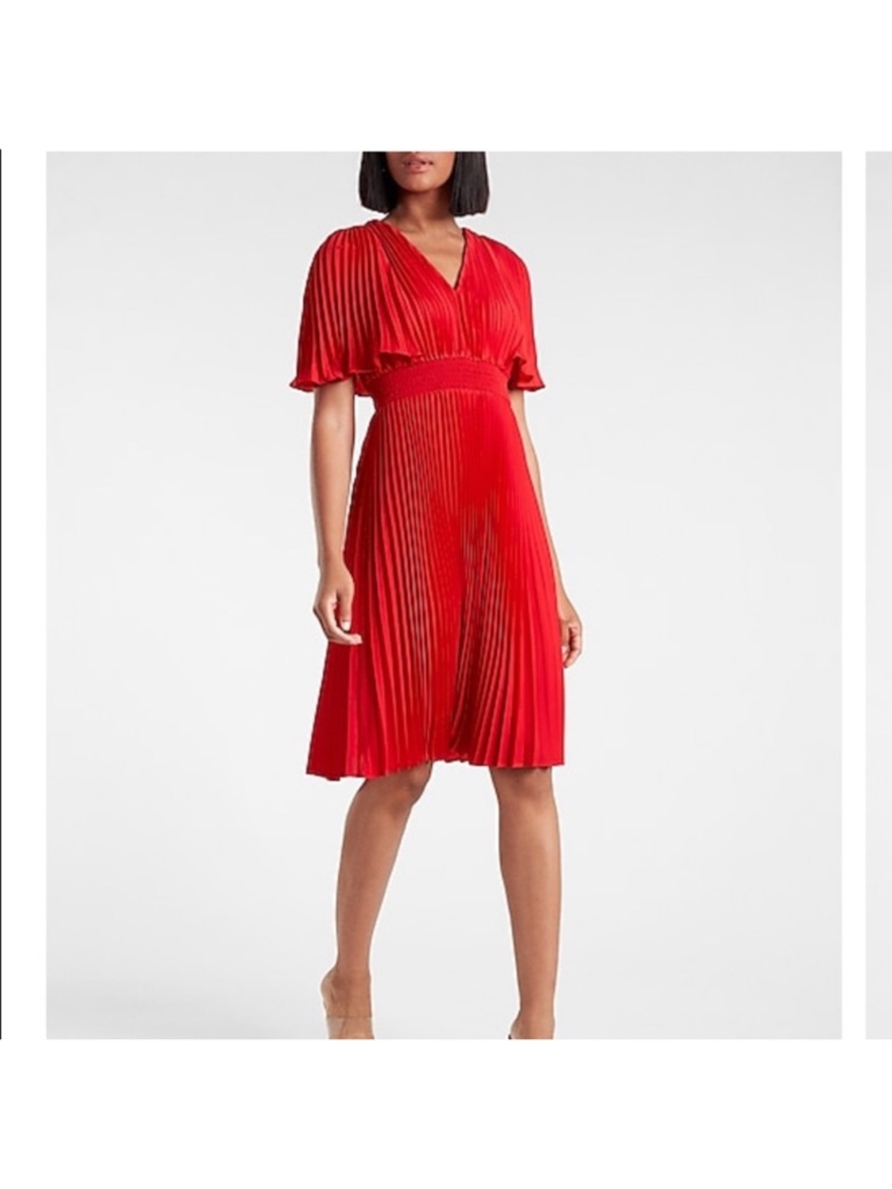 EXPRESS PLEATED V-NECK MIDI Smocked Dress Red M